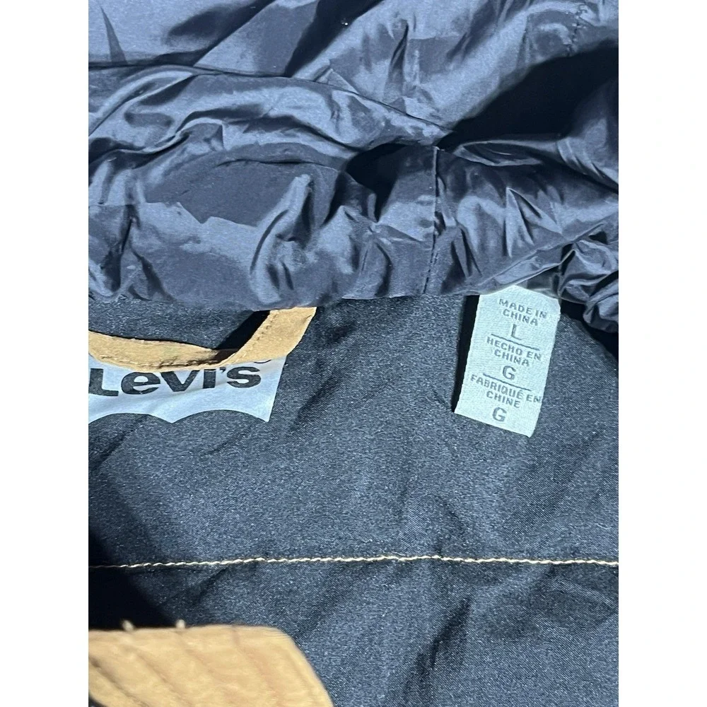 Levi's Men's L Brown Quilted Pockets Jacket Parka Puffer Hoodie Winter Hood EUC
